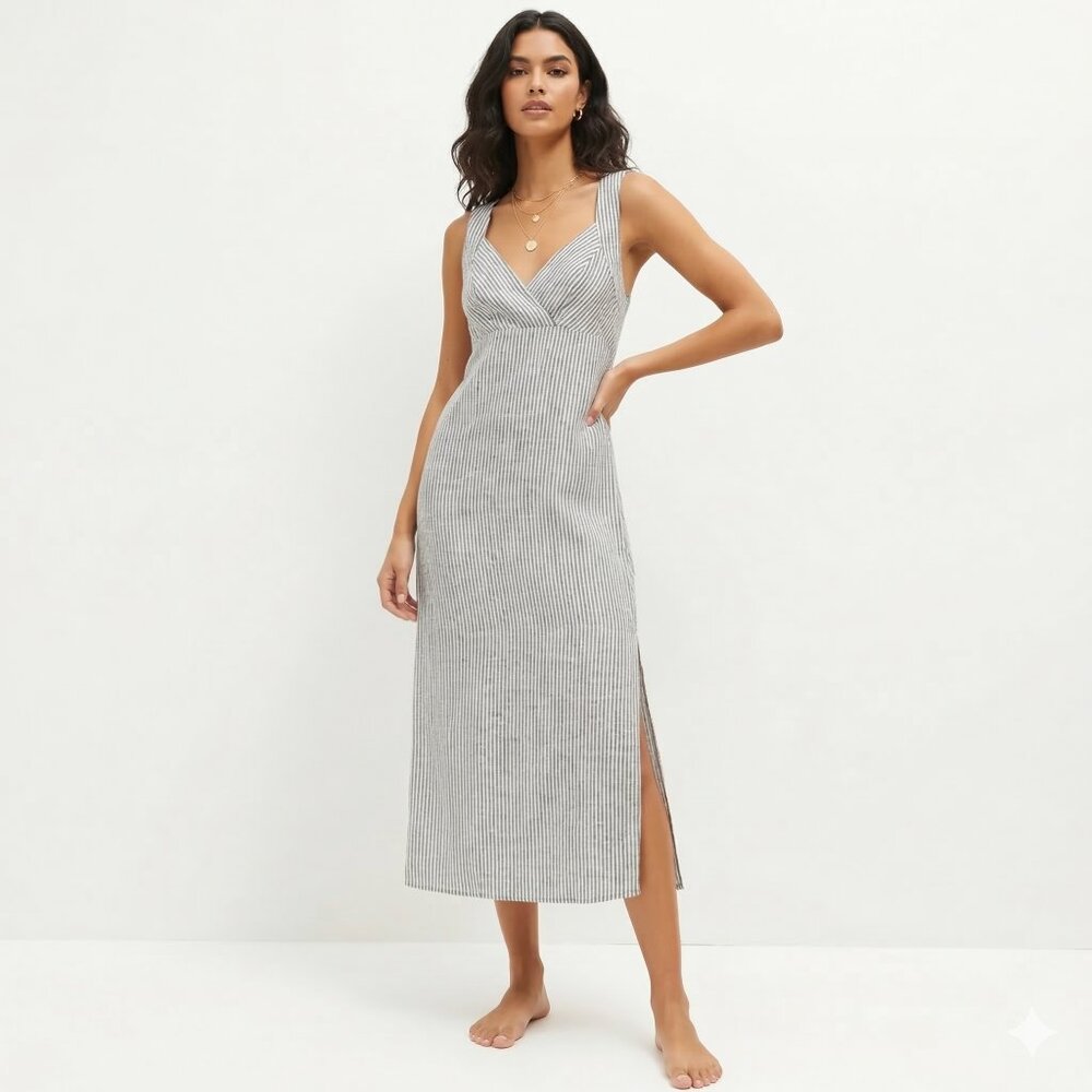 Reformation Allira Linen Dress NWT Vineyard Stripe High Side Slit Sz 12